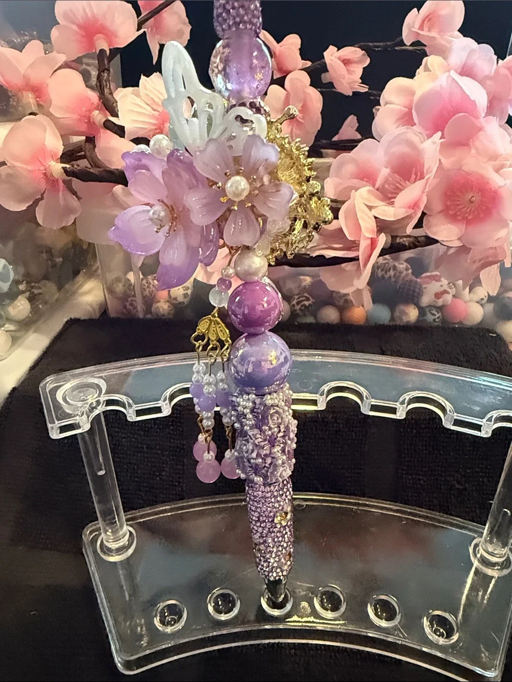 Purple Floral Beaded Pen Charm - Decorative Keyring Accent